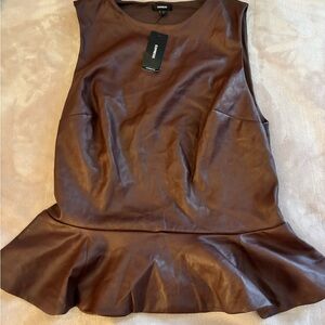 Express Chocolate Faux Leather Peplum Blouse